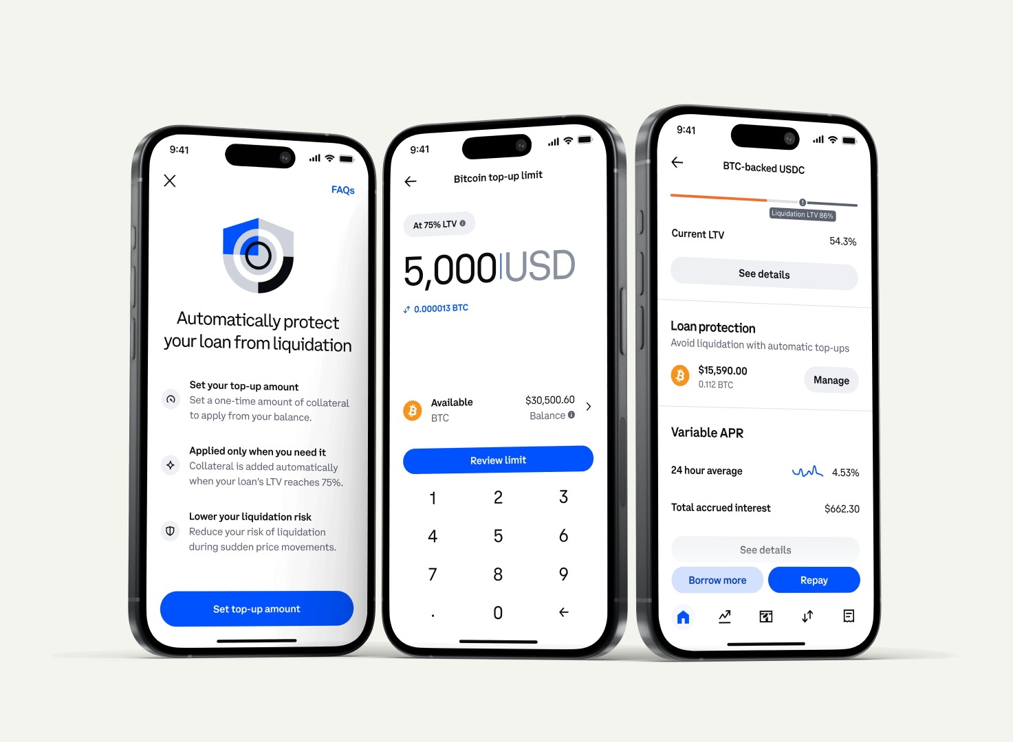 Coinbase loan protection introduction, top-up amount, and active loan screens