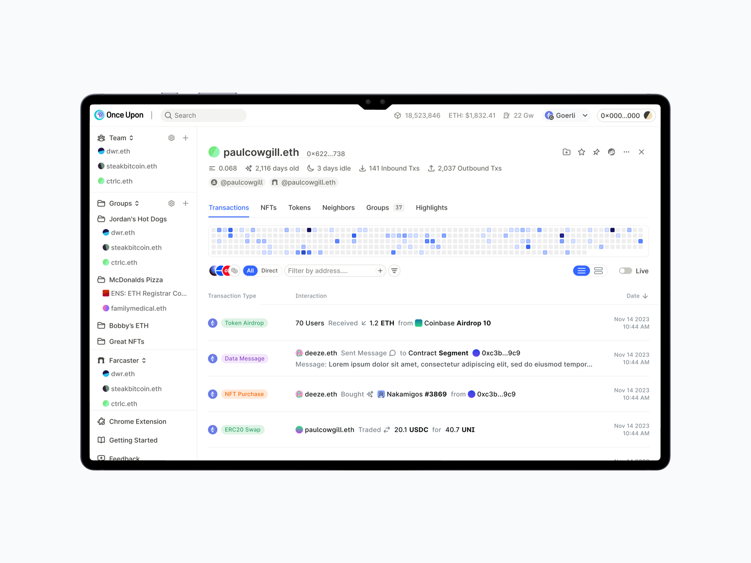 Once Upon wallet dashboard with transaction activity and filters