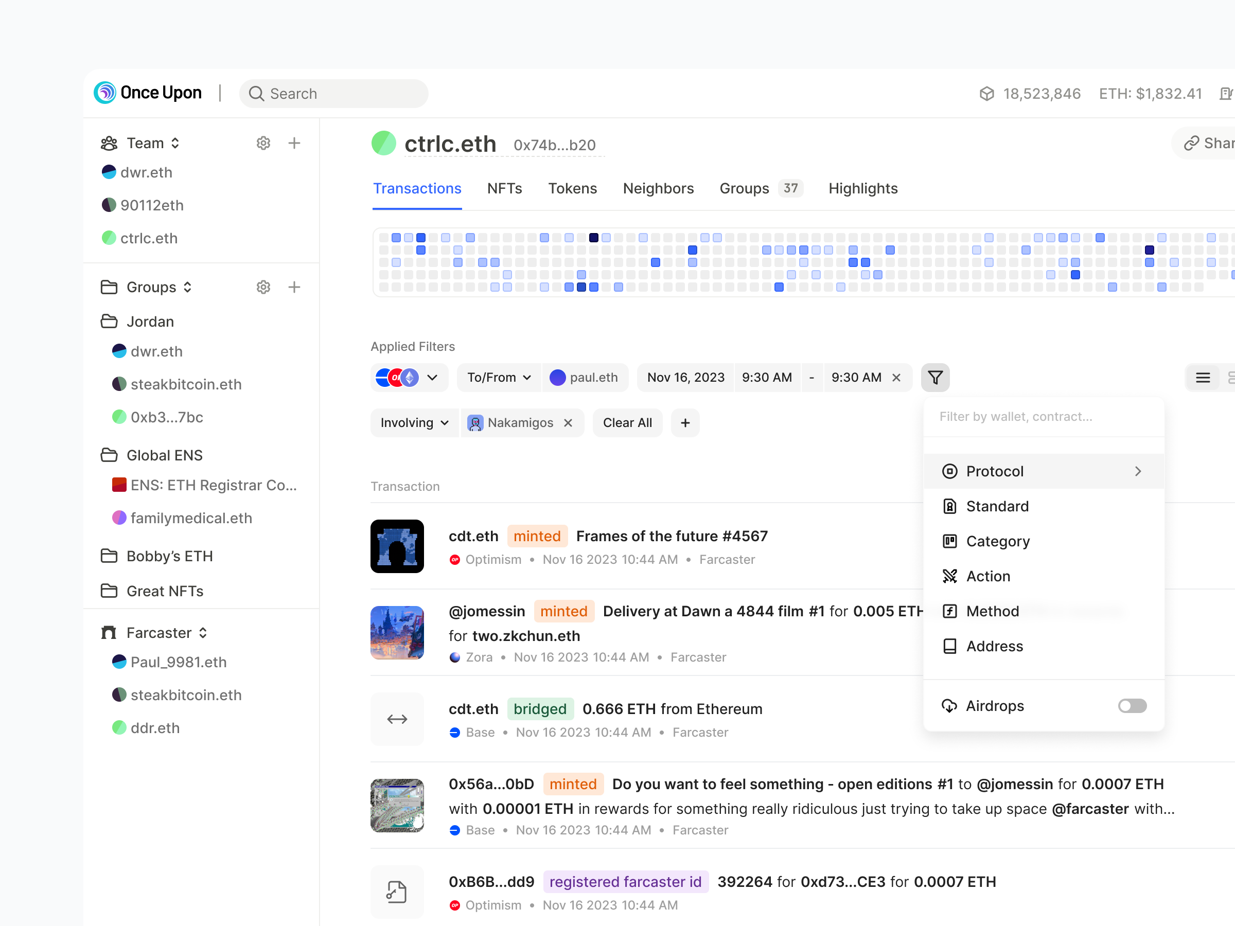 Once Upon wallet activity with applied transaction filters