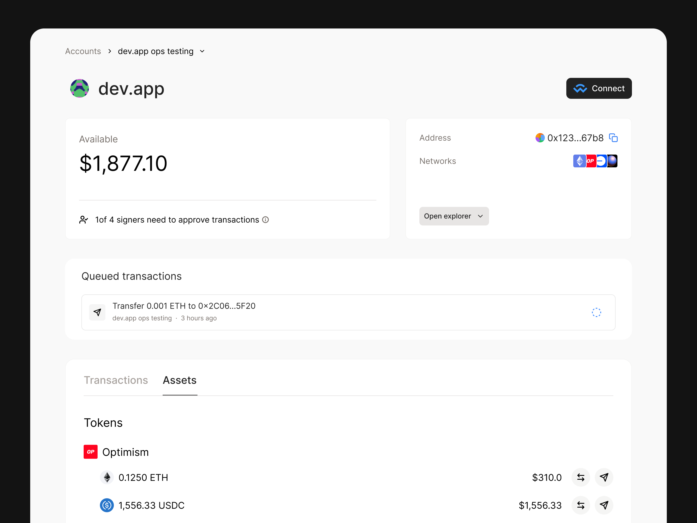 Splits account dashboard with queued transactions and assets