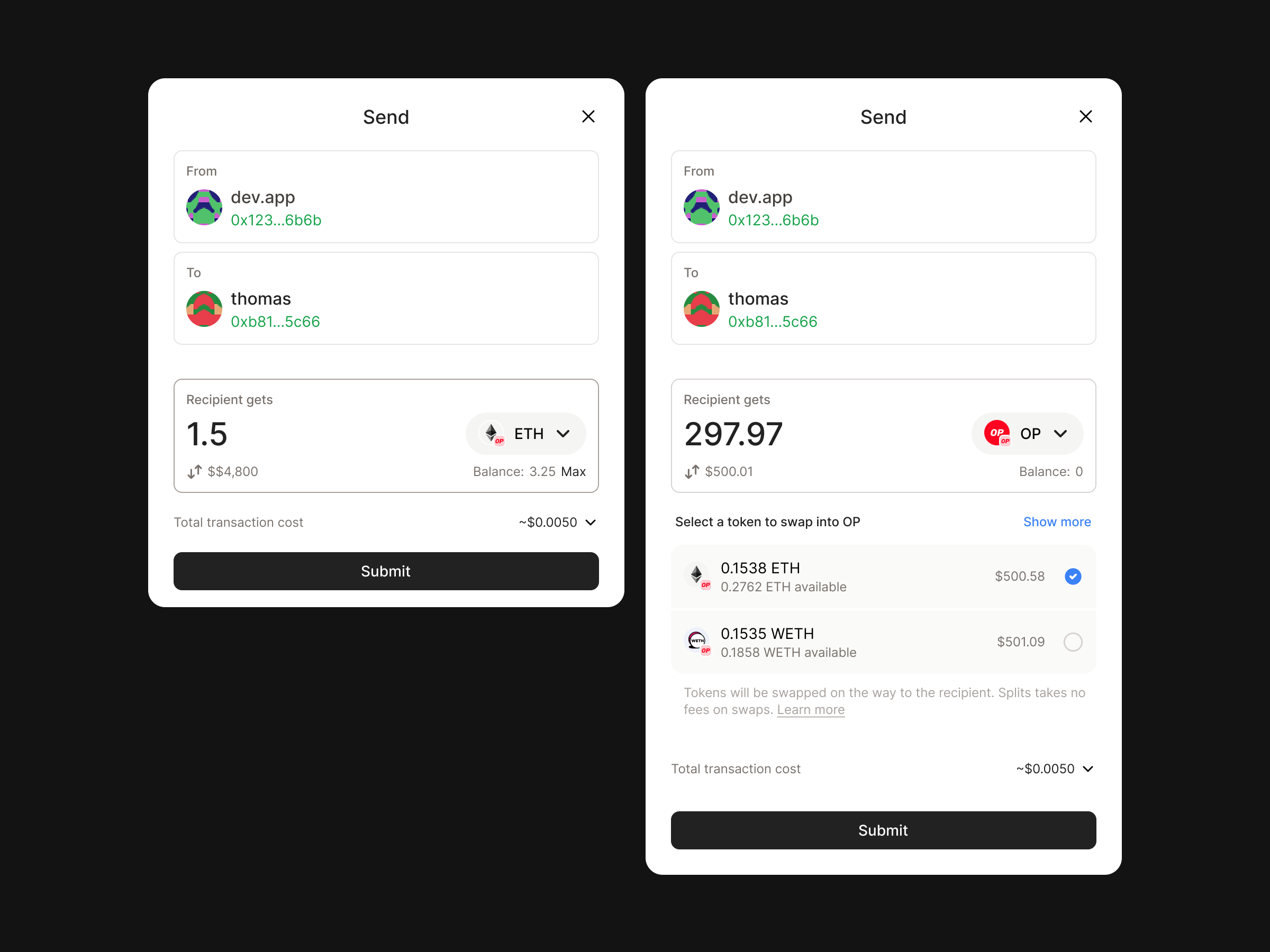 Splits Send flow comparing a direct payment with a payment funded by a token swap